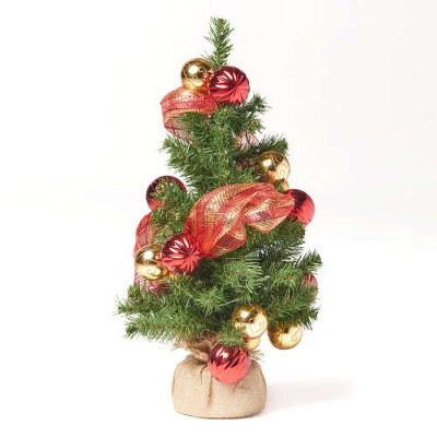 2'RED/GOLD DECORATION BURLAP TREE WITH 50 WARM WHITE LED LIGHTS-BATTERY OPERATED