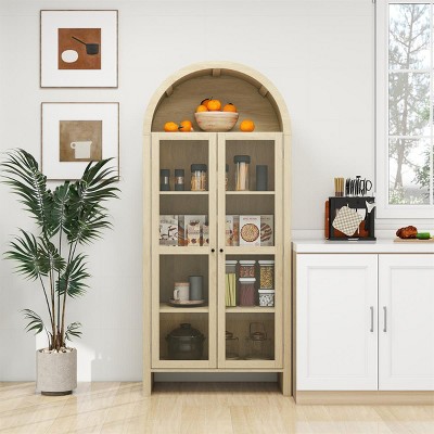 Arched Kitchen Storage Cabinet with Adjustable Shelves,Acrylic Door Wood Kitchen Pantry, Modern Display Cabinet-Dining Room,Living Room-Tanpinhause