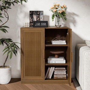36 in. Tall Wood Grain Storage Cabinet in White, Storage Organizer with 2 Rattan Weave Doors for Bedroom Living/Dinning Room - 1 of 4