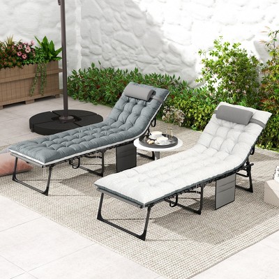 Gray and White Cushioned Folding Outdoor Chaise Lounge Set