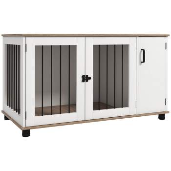 PawHut Dog Crate Furniture Side End Table with Storage, Dog Kennel Furniture Indoor with Double Doors for Medium and Large Dogs, Walnut