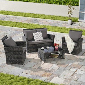 Outdoor Sofa Set, 4 Pcs Rattan Wicker Sofa, Sofa Set with Armrest Chairs and Tempered Glass Coffee Table, Sofas with Cushions-Coolbibila - 1 of 4