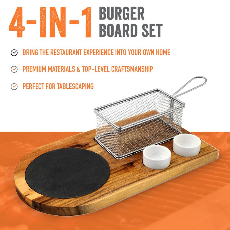 Yukon Glory Burger Board Set, Includes Premium Acacia Wood Board With Slate, Stainless Steel Fry Basket, Porcelain Condiment Cups, 4 of 7