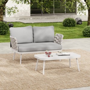 Christopher Knight Home Barbara Modern Outdoor Metal Coffee Table and Upholstered Lovesear Set - 1 of 4