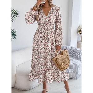 Coolmee Women Boho Floral Waist Smocked Cross V Neck Ruffled Long Sleeve Casual A-Line Midi Dress - 1 of 4