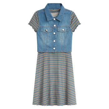 Beautees Girls' Sleeveless Stripe Dress with Denim Vest