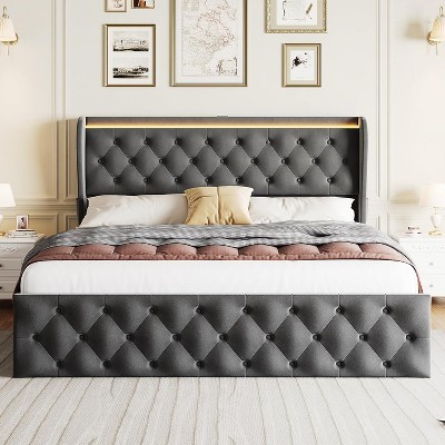 homfan Bed Frame, Velvet Upholstered Bed Frame with Button Wingback Headboard, Metal Frame with No Box Spring Needed