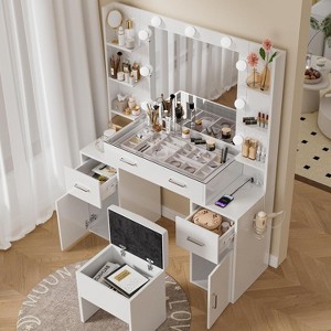 NES Vanity Desk with Lights, Glass Top, Charging Station, Mirror, Nightstand, Set with Storage Bench, 3 Lighting Modes, White - 1 of 4