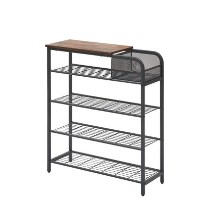 Whizmax 5 Tier Shoe Storage Shelves with Mesh Storage Basket, 16-20 Pairs Shoe Organizer with Wooden Top Shelf for Closet, Hallway, Entryway, Brown