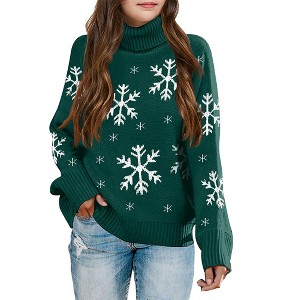 Girl's Ugly Christmas Sweater Reindeer Jacquard Sweater-Knit Pattern Turtle Neck Sweater - 1 of 3
