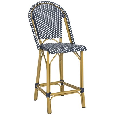 Navy and White French Bistro-Inspired Counter Stool with Wicker Accents
