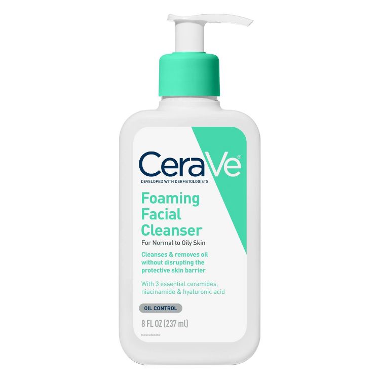 White bottle of CeraVe Foaming Facial Cleanser with a green pump, labeled for normal to oily skin, 8 FL OZ (237 ml).