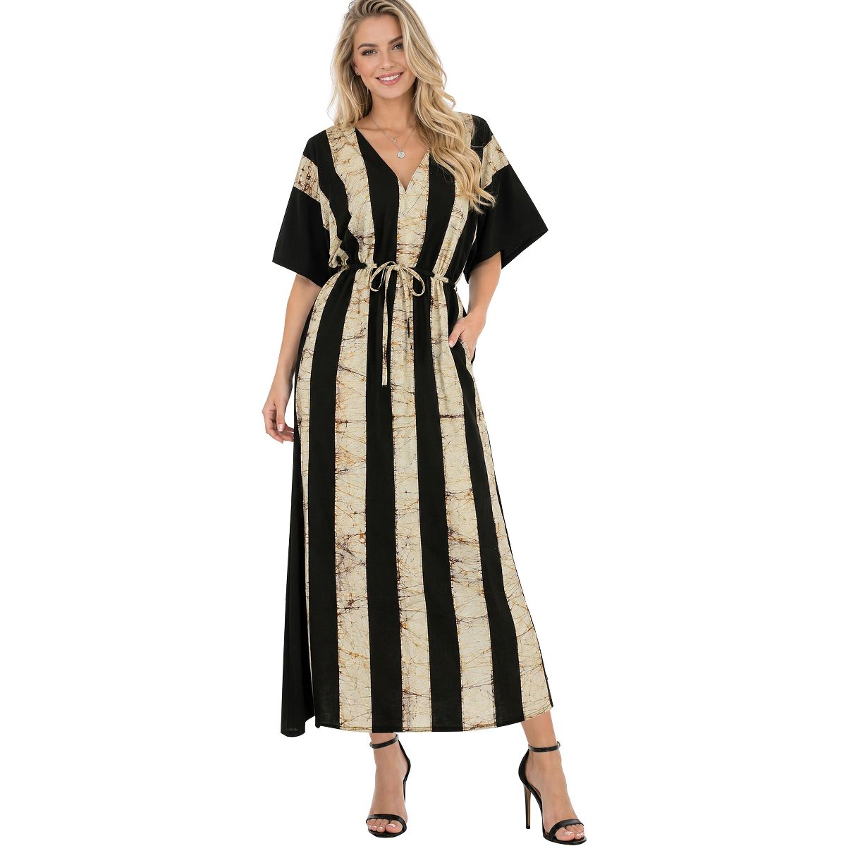 LA LEELA Summer Cotton Chic Caftan Dress for Women Vacation Resortwear Cruise Holiday Loungewear Travel Style 2X-3X Black Stripe