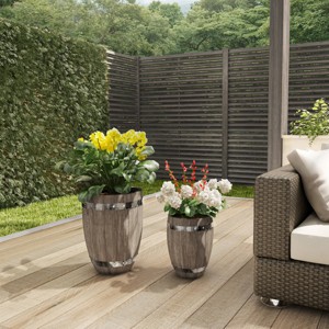 Fiber Clay Planters - 2-Piece Barrel-Shaped Pot Set with Metal Trim, Wood Look, and Drainage Holes for Herbs and Flowers by Pure Garden (Gray) - 1 of 4