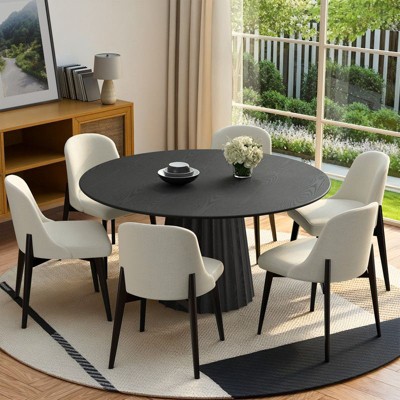 PexFix 52" Modern Round Dining Table Set with 6 Upholstered Chairs Black Textured Wood Top Pleated Pedestal Base Beige Seats for Kitchen Dining Room