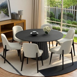 PexFix 52" Modern Round Dining Table Set with 6 Upholstered Chairs Black Textured Wood Top Pleated Pedestal Base Beige Seats for Kitchen Dining Room - 1 of 4