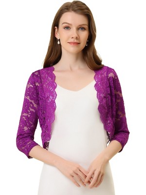 INSPIRE CHIC Women's Elegant 3/4 Sleeve Sheer Floral Lace Open Front Crop Shrug