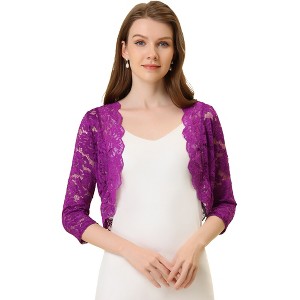 INSPIRE CHIC Women's Elegant 3/4 Sleeve Sheer Floral Lace Open Front Crop Shrug - 1 of 4