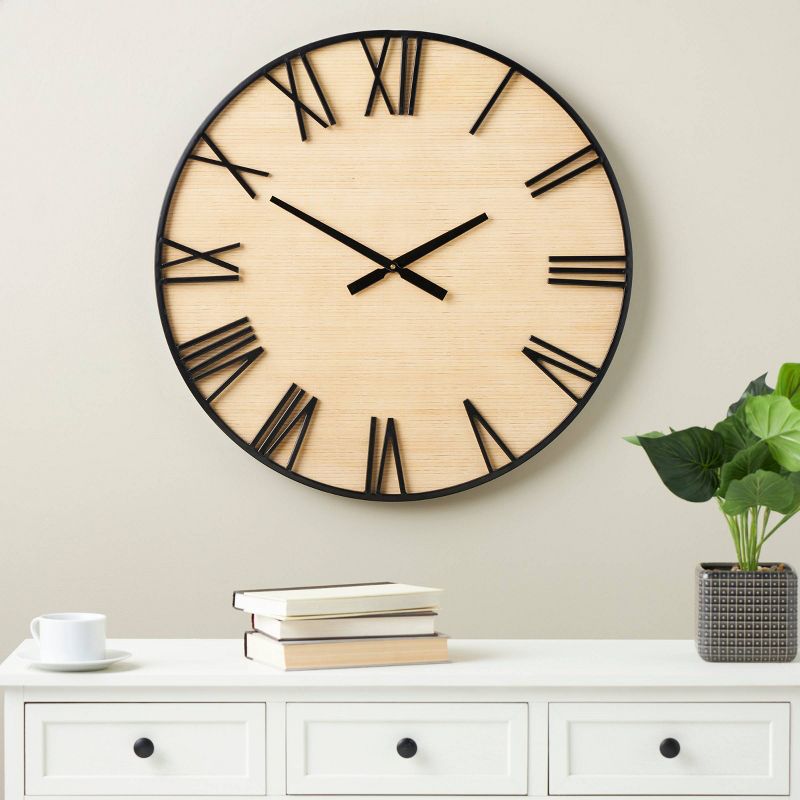 28&#34;x28&#34; Wooden Wall Clock with Black Metal Numbers and Frame Light Brown - Olivia &#38; May, 2 of 9