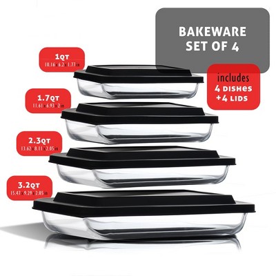 Clear Glass Food Storage Containers with Black Lids, 4-Piece Set