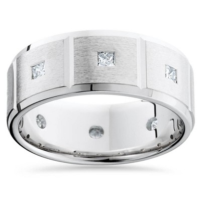 Pompeii3 Mens Princess Cut Diamond Wedding Ring Comfort Fit Brushed Bevel 14K White Gold