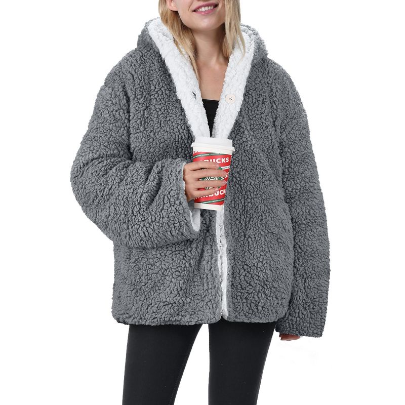 Tirrinia Fleece Jacket Hooded Pullover for Women, Super Soft Comfy Plush Reversible Casual Teddy Bear Blanket Jackets Hoodie Grey, 1 of 7