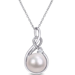 EVERLY JEWELRY | Sterling Silver 11-12mm Cultured Freshwater Pearl, 1/6 CT TGW Created White Sapphire and Diamond-Accent Twist Pendant with Chain, 18" - 1 of 4