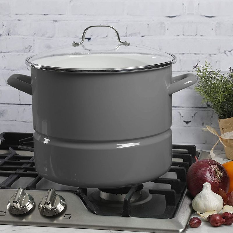 Kenmore 16 Quart Enamel On Steel Stock Pot With Steamer and Lid in Graphite Grey, 5 of 6