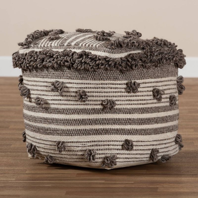 Eligah Handwoven Wool Moroccan Inspired Pouf Ottoman Ivory/Brown - Baxton Studio, 5 of 8