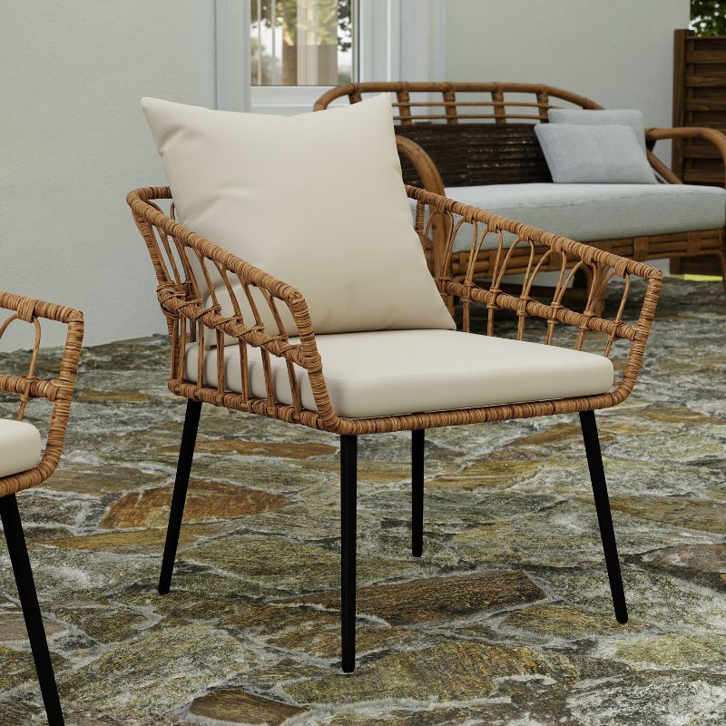 Merrick Lane Set of Two Indoor/Outdoor Boho Style Open Weave Rattan Rope Patio Chairs with Cushions, 6 of 10