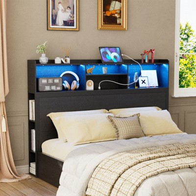 PAKASEPT Queen Headboard Only, Stylish Bookcase Headboard with Charging Station & LED, 4-Tier Headboard and Side Storage
