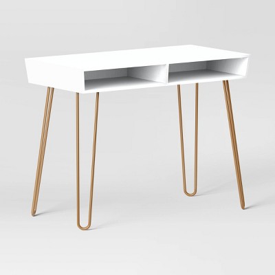 Hairpin Writing Desk with Storage White - Threshold™: Brass Legs, Laminated Surface, Open Shelf