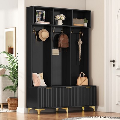 Hall Tree Entryway Bench With Coat Rack, Hall Tree with Bench and Shoe Storage, Freestanding Storage Bench with 6 Hooks for Living Room Hallway