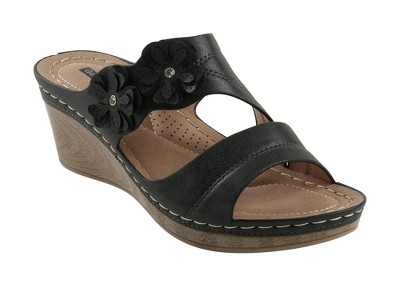 GC Shoes Rita Black 6 Flower Comfort Slide Wedge Sandals