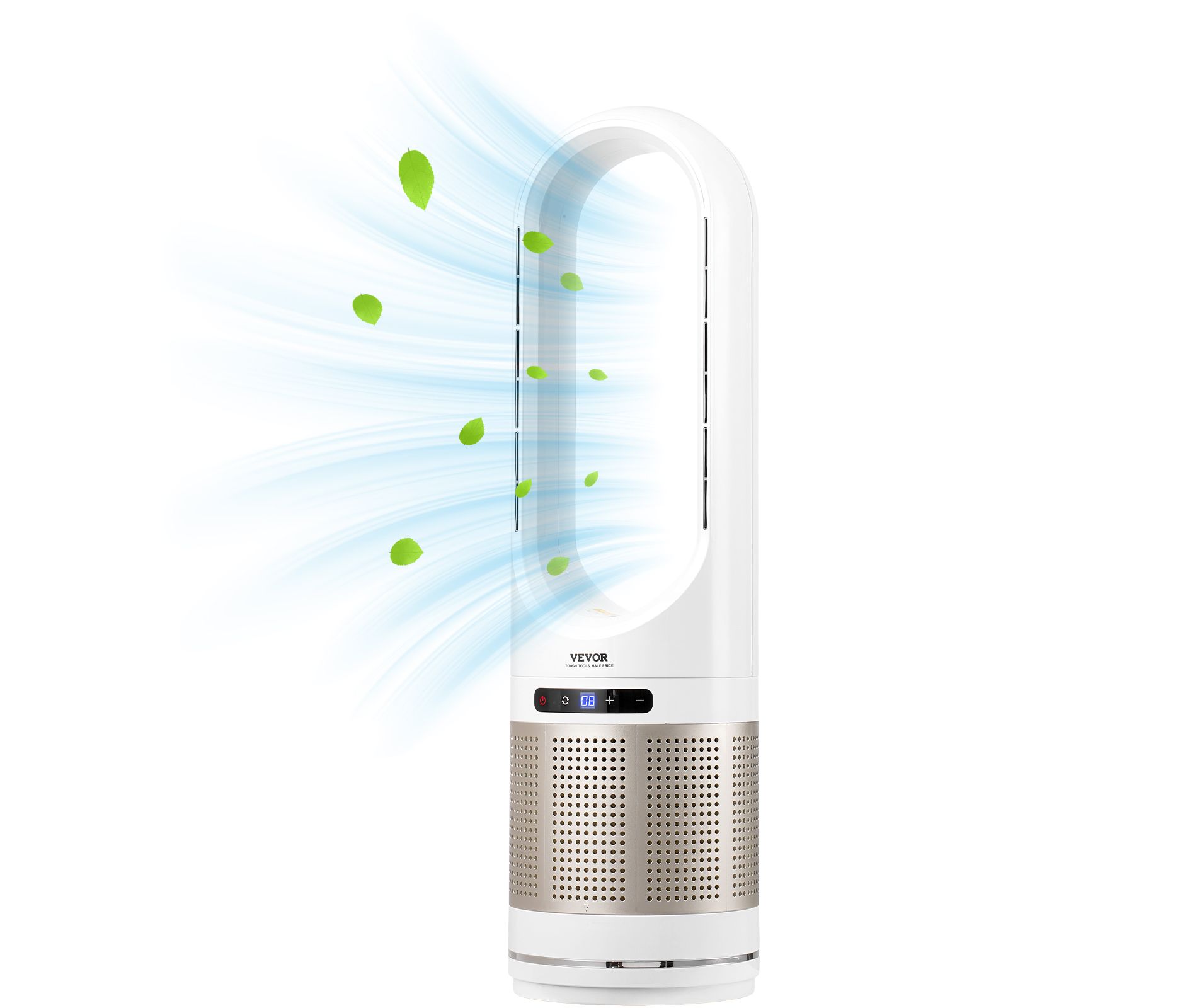 VEVOR Tower Fan Bladeless, 16 ft/s Velocity Quiet Floor Fan that Blows Cold & Heating Air, 80° Oscillating Fans with 8 Speeds, 9H Timer,White