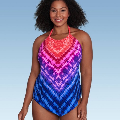 Women's UPF 50 V-Neck Tankini Top - Aqua Green® Multi Tropical Print S