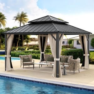 Arceso Hardtop Gazebos, Aluminum Frame Permanent Pavilion with Curtains and Netting, Double Galvanized Steel Roof Gazebo Outdoor, Metal Gazebo Canopy - 1 of 4