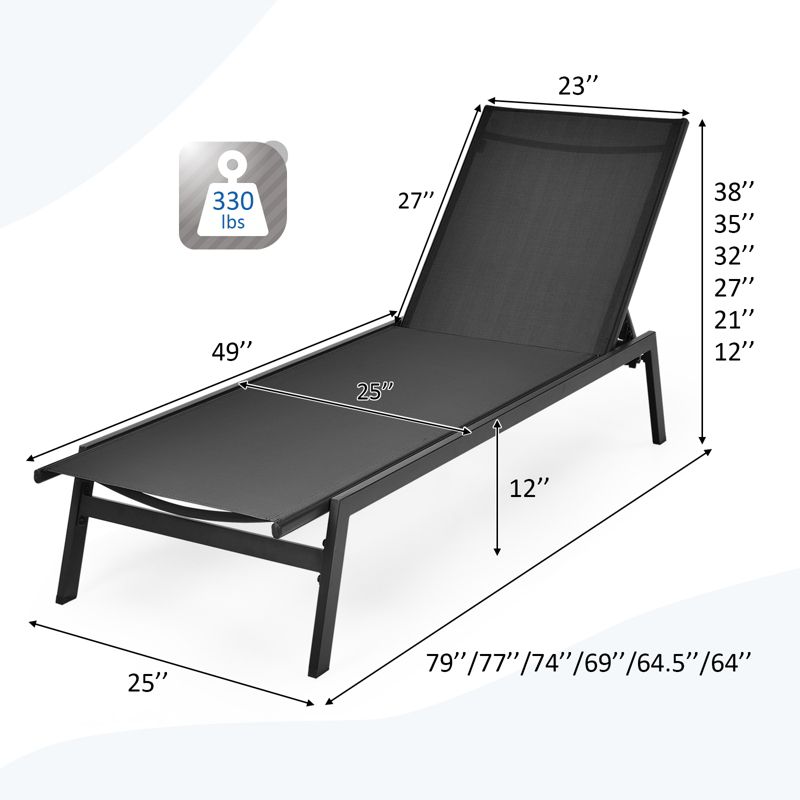 Tangkula 2PC Patio Chaise Lounger with 6-Postion Adjustable Backrest and Breathable Fabric Black, 3 of 10