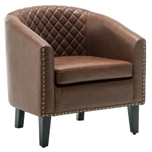 KINWELL PU Leather Tufted Barrel Chair Club Armchair with Nailheads - 1 of 4