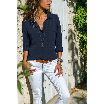 Mocamel Women's Pure Color Lapel Long Sleeve Loose Fit Cotton Shirt for Elegant Office Wear