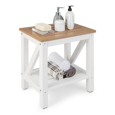 Image of Costway 2-Tier Heavy Duty Waterproof HDPE Shower Bench Stool with Bottom Storage Shelf Off  White & Brown