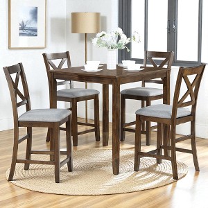 Mshliw 5-Piece Counter Height Dining Table Set with 4 Upholstered Chairs, Square Solid Wood Dining Set for Small Spaces, Kitchen & Dining Room - 1 of 4