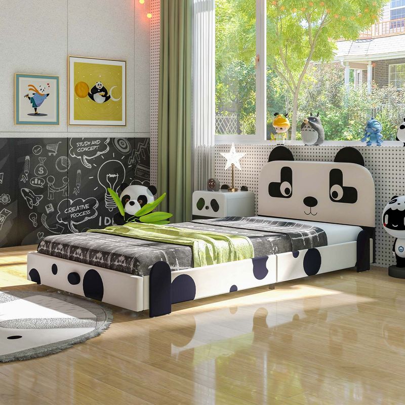 Costway Twin Size Kids Bed Toddler Upholstered Low Profile Bed Frame with Panda Headboard, 3 of 11