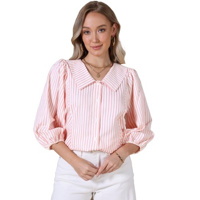 INSPIRE CHIC Women's Button Down Striped Dressy Casual Turndown Collar 3/4 Puff Sleeve Babydoll
