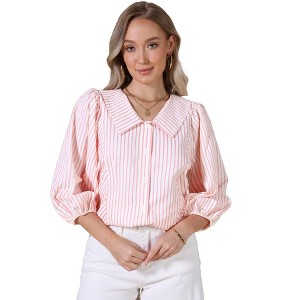 INSPIRE CHIC Women's Button Down Striped Dressy Casual Turndown Collar 3/4 Puff Sleeve Babydoll - 1 of 4