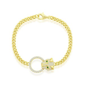 Bella Silver Sterling Silver CZ Emerald Eyes Panther, Circle CZ Bracelet - Gold Plated - Silver - 7.25 Inch - 1 of 3