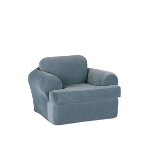 2pc Stretch Poly Striped T Cushion Chair Slipcovers French Blue - Sure Fit: Polyester & Spandex, Machine Washable, Indoor Use - 1 of 4