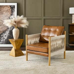 KINWELL Genuine Leather Accent Chair With Fabric Tape Wrapped Arms for Living Room Lounge - 1 of 4