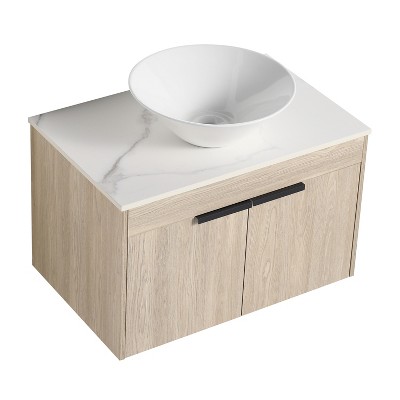 Vynxaria 30 in. Single Wall-Mounted White Oak Plywood Bath Vanity with White Flat Stone Slab Ceramic Top KD-PACKING Ready to Assemble