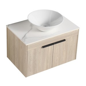 Vynxaria 30 in. Single Wall-Mounted White Oak Plywood Bath Vanity with White Flat Stone Slab Ceramic Top KD-PACKING Ready to Assemble - 1 of 4
